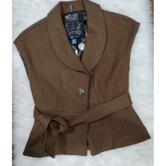 Millard Fillmore Brown Wool Blend Collared Belted Vest Women's Size Medium - Picture 2 of 10